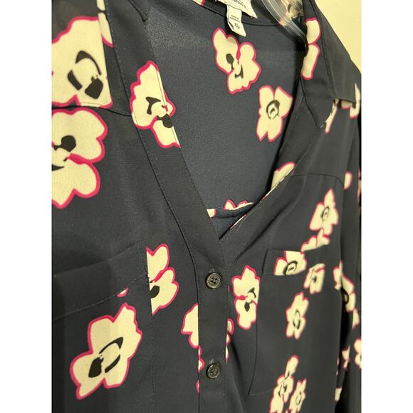 EXPRESS PORTOFINO DARK NAVY BLUE FUCHSIA FLORAL BLUE TOP BUTTON UP EUC XS - Picture 2 of 5
